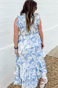 TCEC Baby Blue Tiered Dress With White Floral Pattern Back