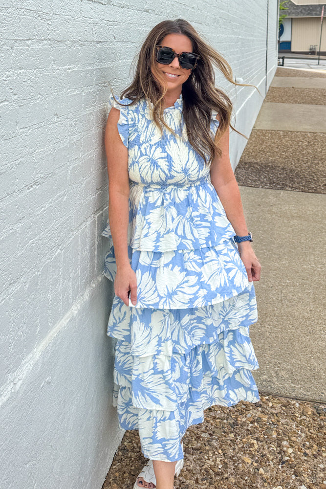 TCEC Baby Blue Tiered Dress With White Floral Pattern