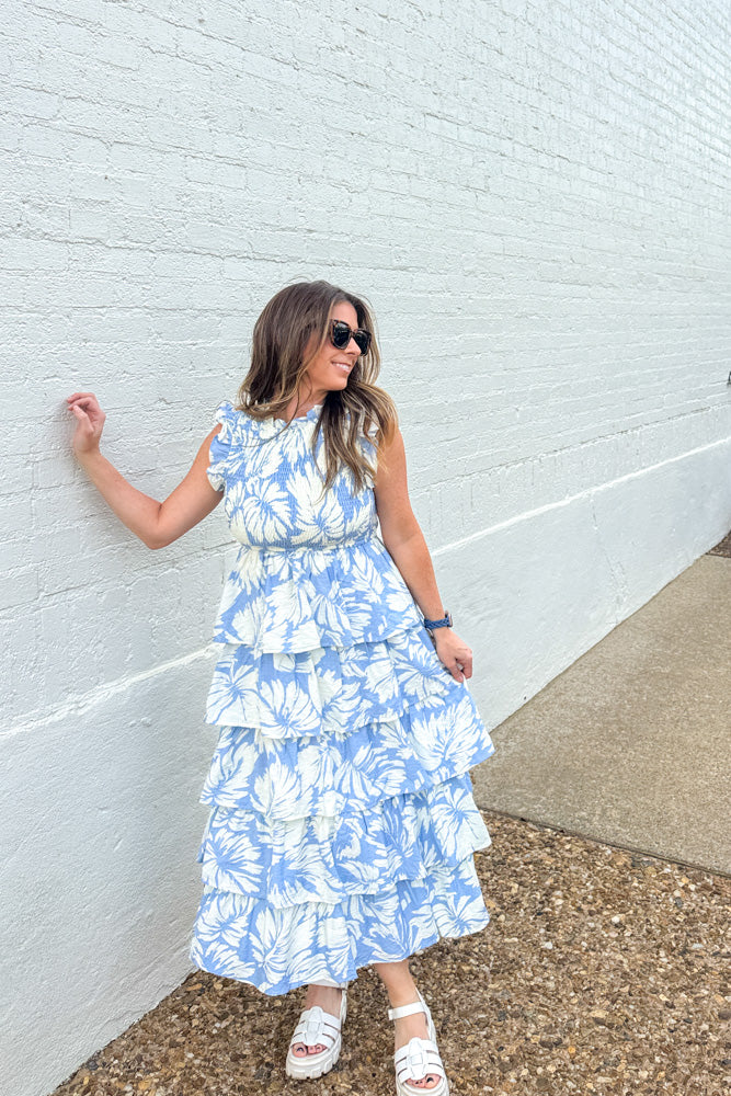 TCEC Baby Blue Tiered Dress With White Floral Pattern Insta