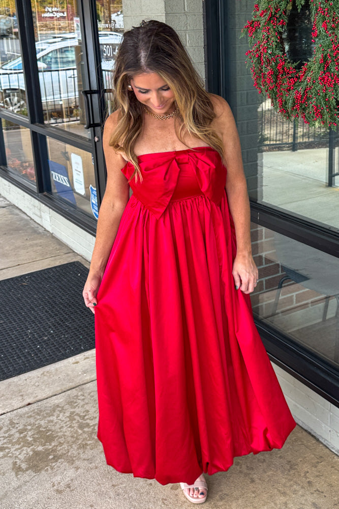 Strapless Red Maxi Dress with Oversized Bow Detail