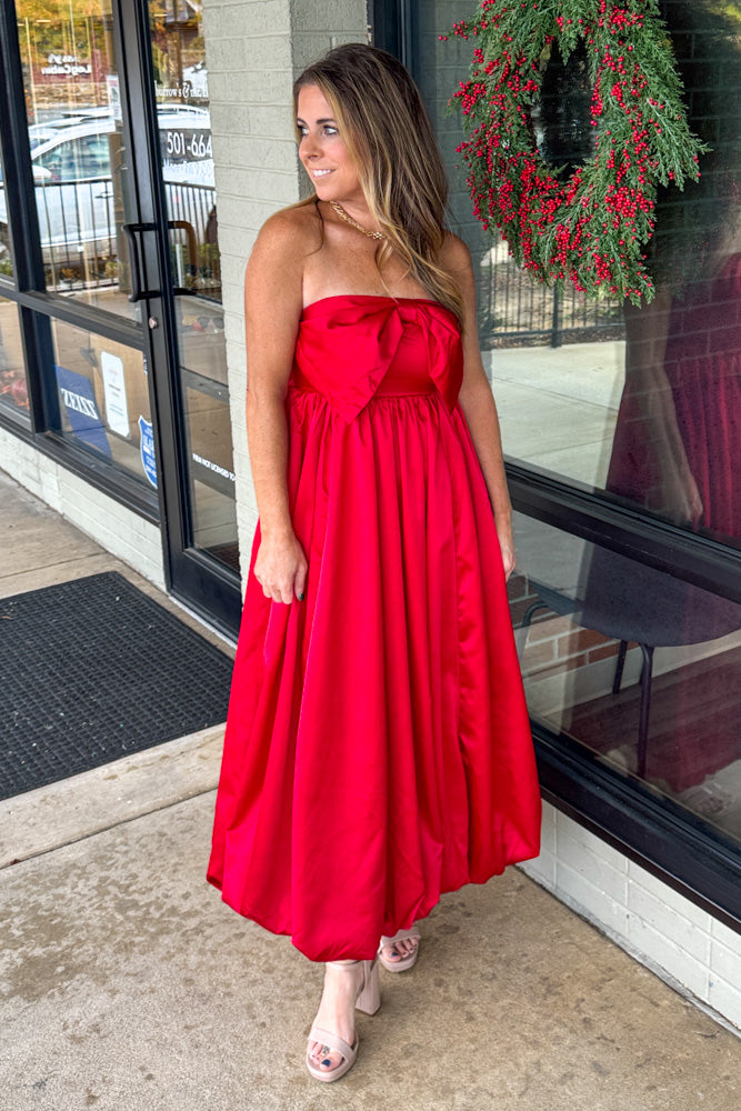 Strapless Red Maxi Dress with Oversized Bow Detail