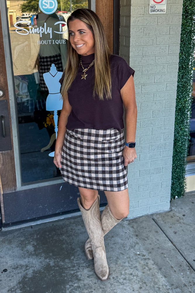 Checkered Mini Skirt-Brown-Simply Dixie Boutique