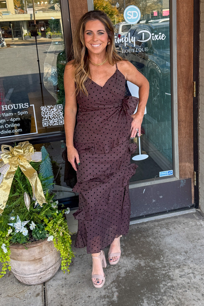 TCEC Brown Dress with polka dots and ruffles