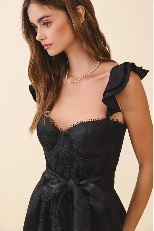TCEC Jacquard Sweetheart Neck Ruffled Shoulder Dress – Black Large
