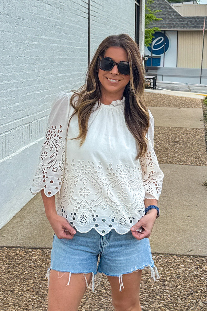 "Eyelet Embroidery Detail Top in ivory by TCEC with delicate eyelet details"