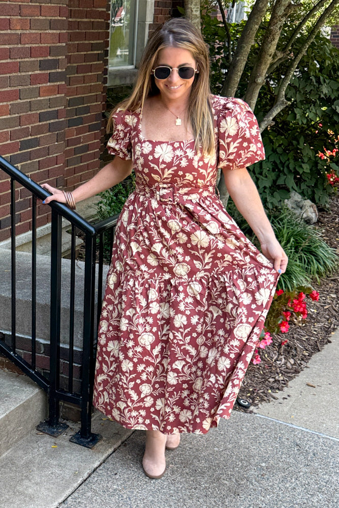 SALE-Floral Print Square Neck Cinched Waist Midi Dress-Burgundy