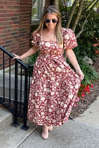 SALE-Floral Print Square Neck Cinched Waist Midi Dress-Burgundy