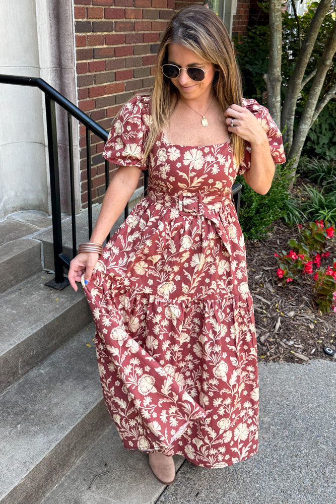 SALE-Floral Print Square Neck Cinched Waist Midi Dress-Burgundy - Simply Dixie Boutique
