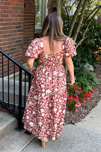 SALE-Floral Print Square Neck Cinched Waist Midi Dress-Burgundy