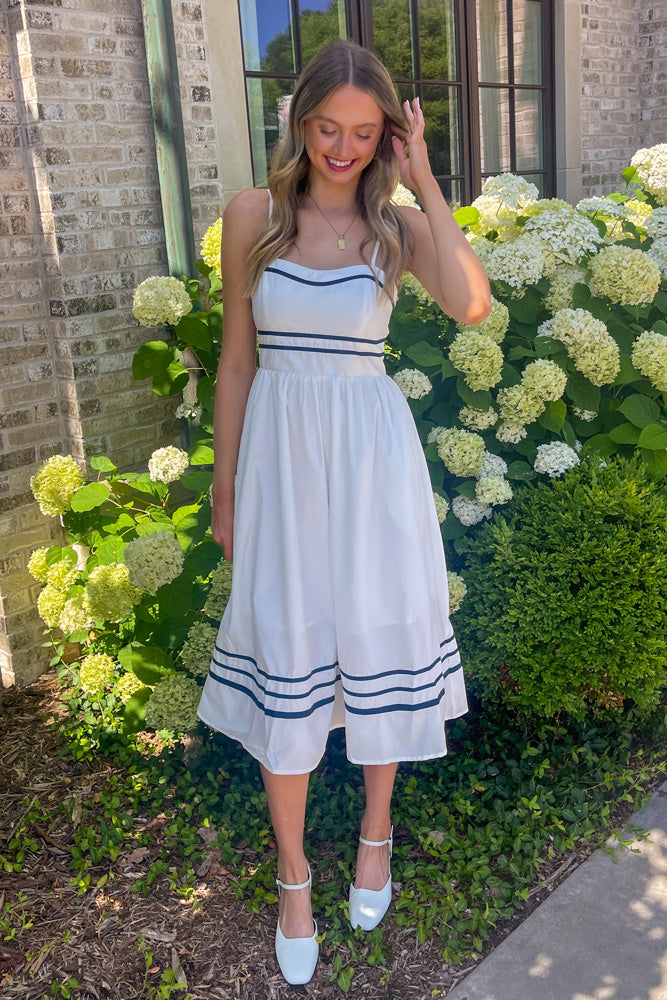 Navy blue dress with white trim sale