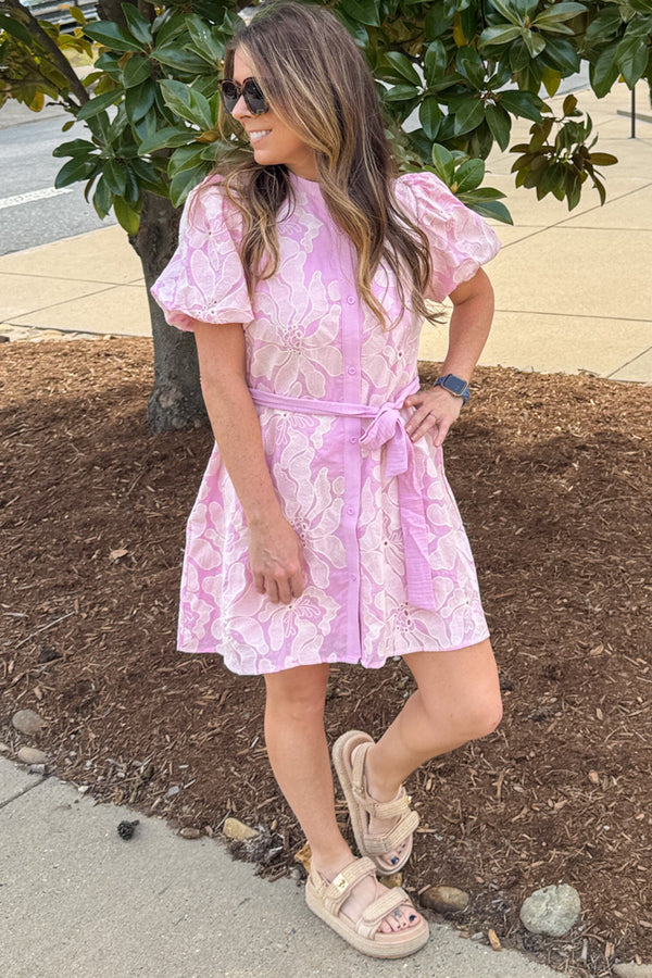 Sunday Mornings eyelet button front dress in pink by TCEC with waist tie belt