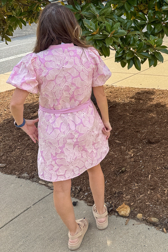 Back view of Sunday Mornings eyelet button front pink dress by TCEC