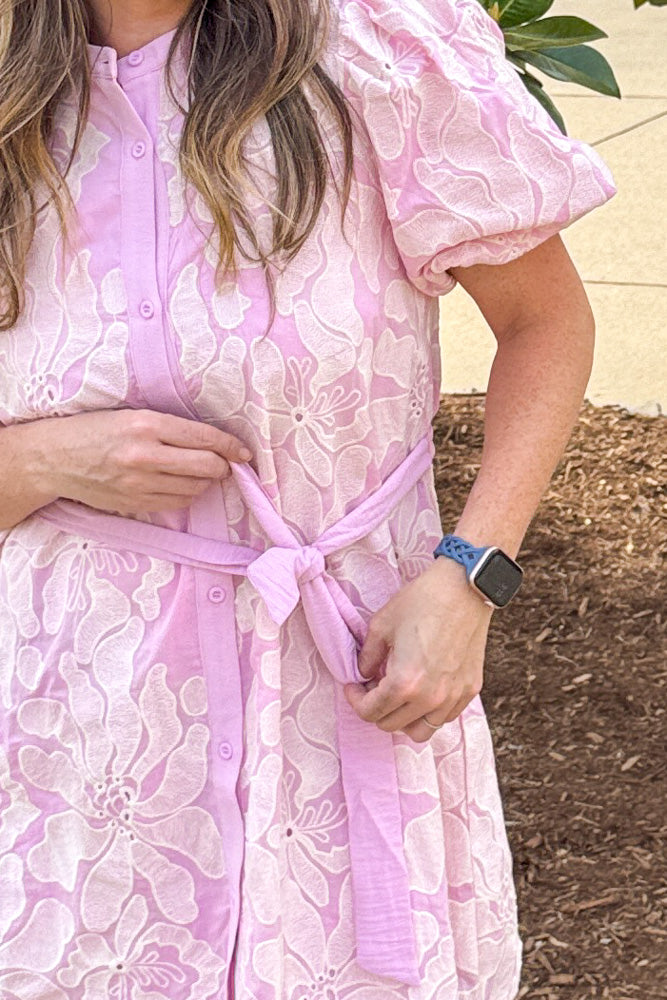 Close up of delicate eyelet embroidery and button front on Sunday Mornings pink dress by TCEC