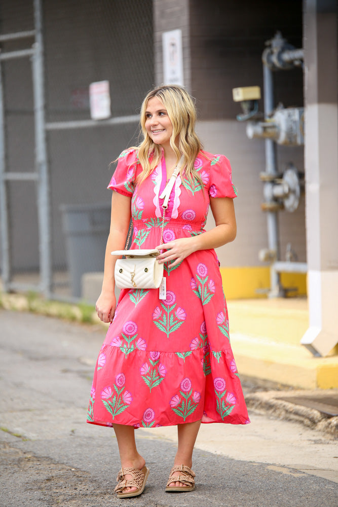 Red Floral Midi Dress with Belt