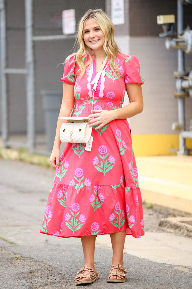 Strolling Through Charleston Floral Midi Dress-Red