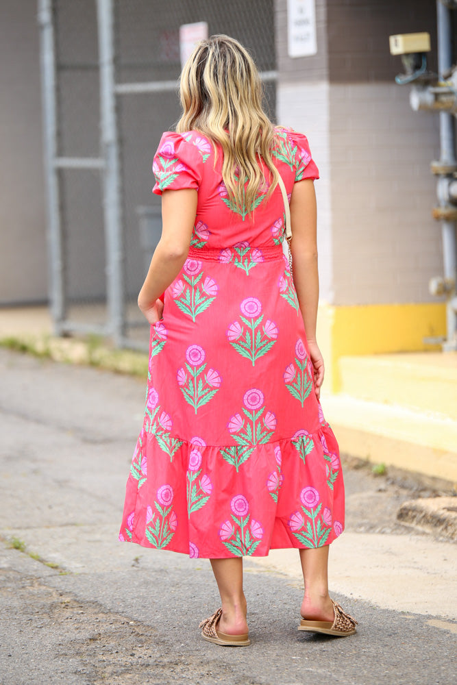 Strolling Through Charleston Floral Midi Dress-Red