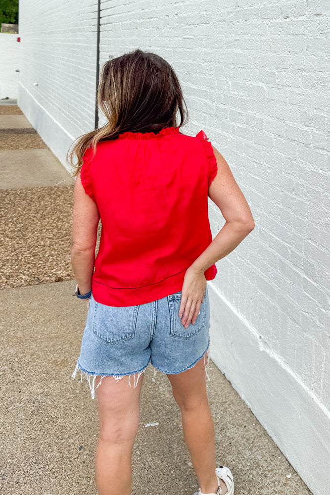 Back view of Simple As That lace trimmed red top by TCEC