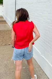 Back view of Simple As That lace trimmed red top by TCEC