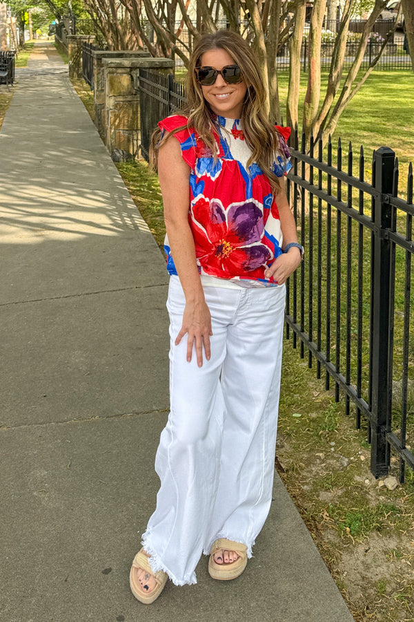 Time For It All smocked neck multi floral tank top by TCEC in red white blue purple with flutter sleeves
