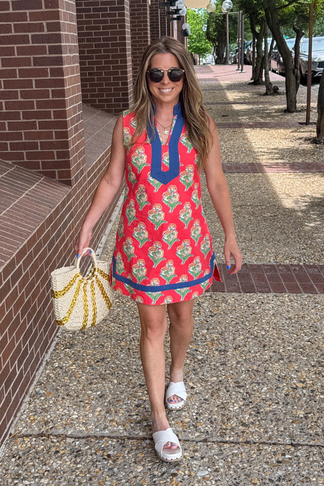 TCEC Red Floral Dress with Blue Trim