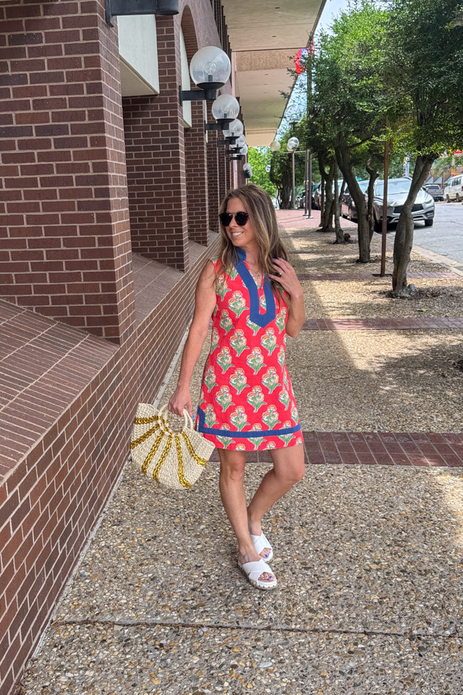 TCEC Red Floral Dress with Blue Trim Insta