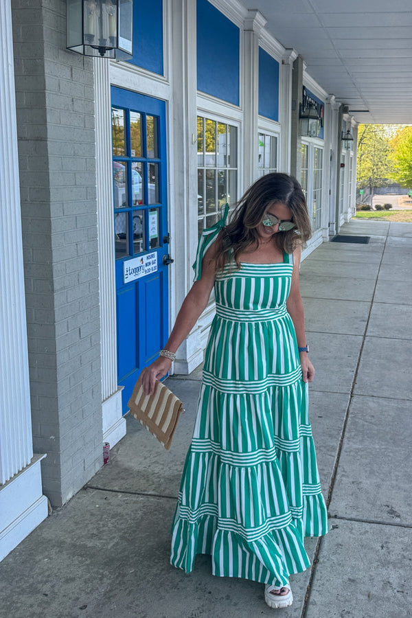 TCEC Green Striped Maxi Dress Tie Straps
