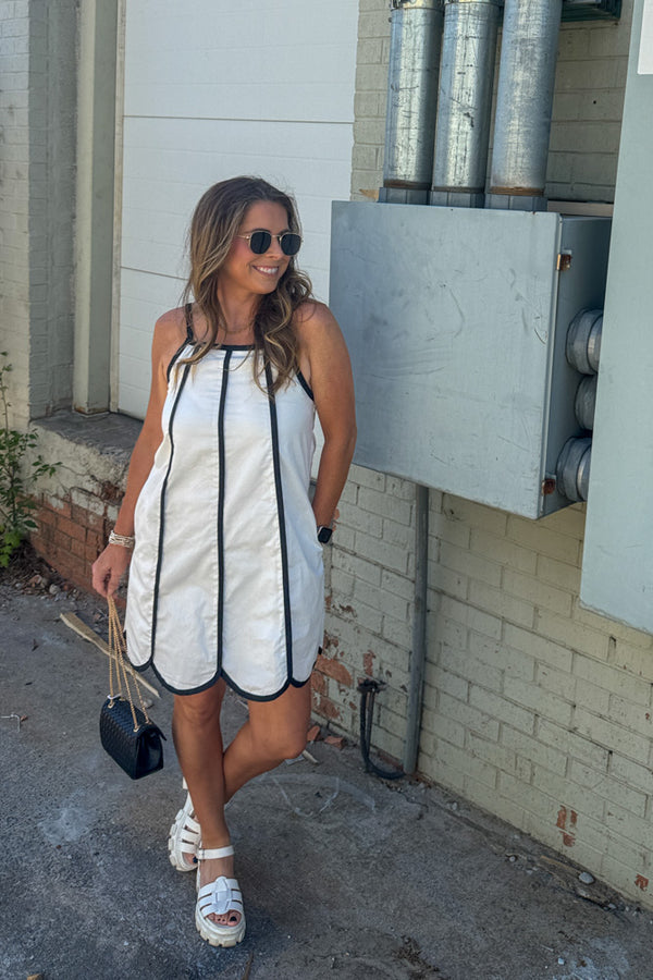 TCEC WHite Scallop Hem Dress WIth Black Trim