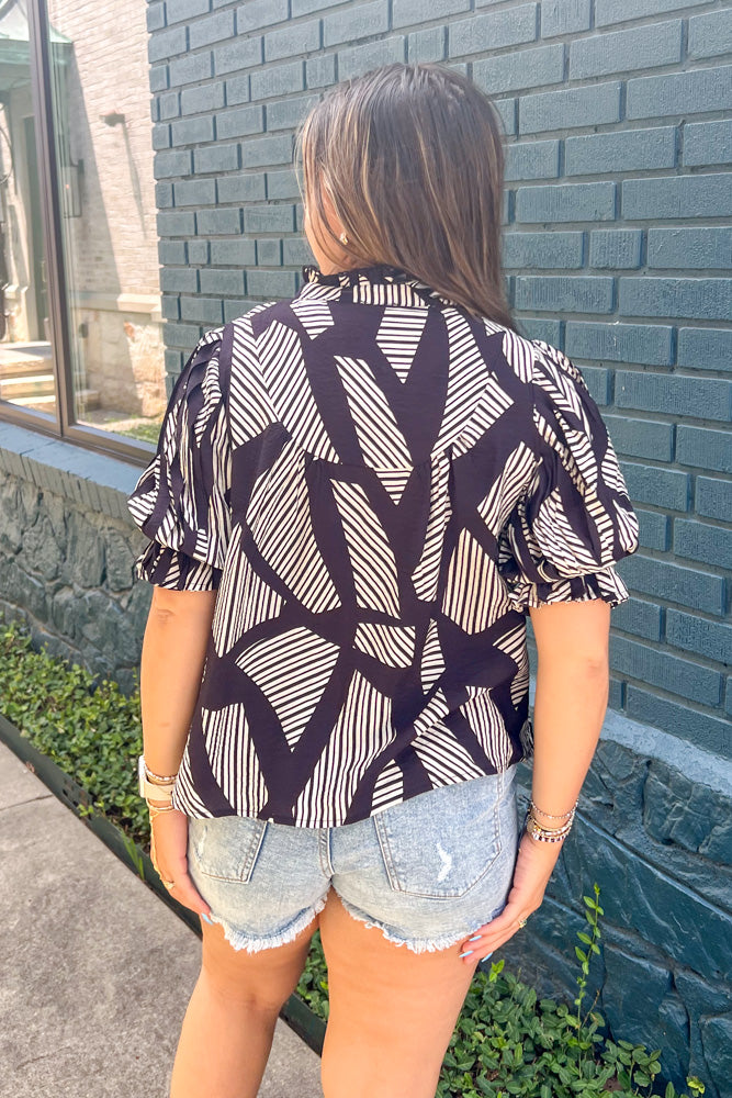 TCEC Black Geometric Print Blouse Back