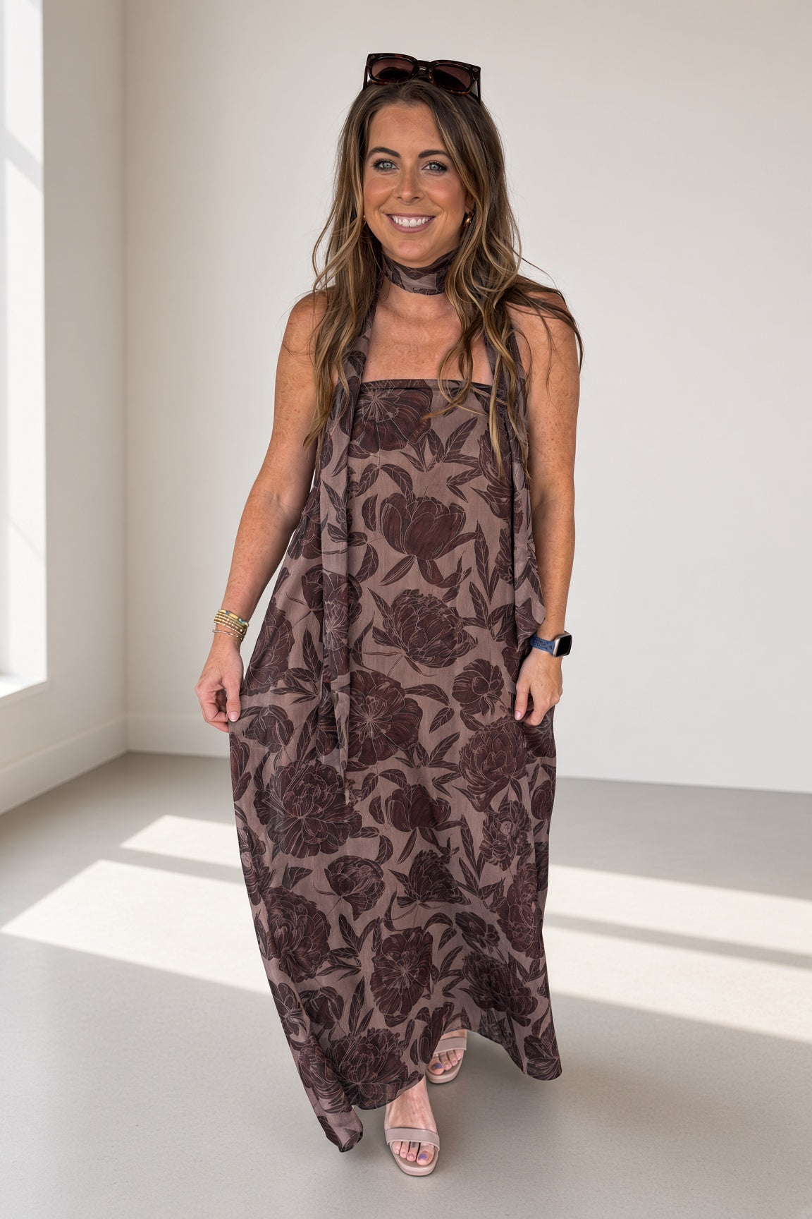 TCEC Brown Floral Maxi With Scarf