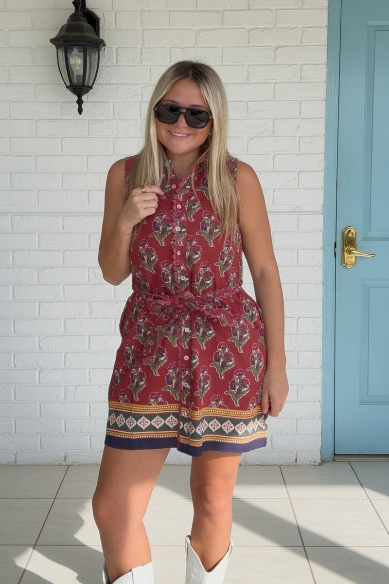 TCEC Burgundy Floral Belted Dress