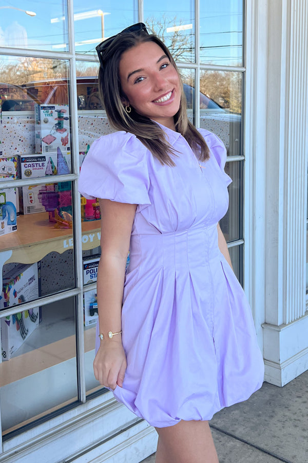 Fit and Flare Bubble Sleeve Zipper Front Dress-Lilac - Simply Dixie Boutique