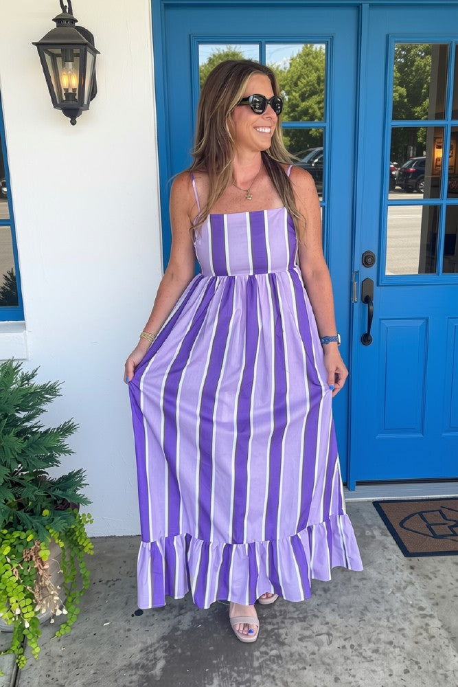 TCEC Purple Striped Maxi Dress Spaghetti Straps
