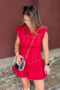 TCEC Snap Front Denim Romper Red Gameday