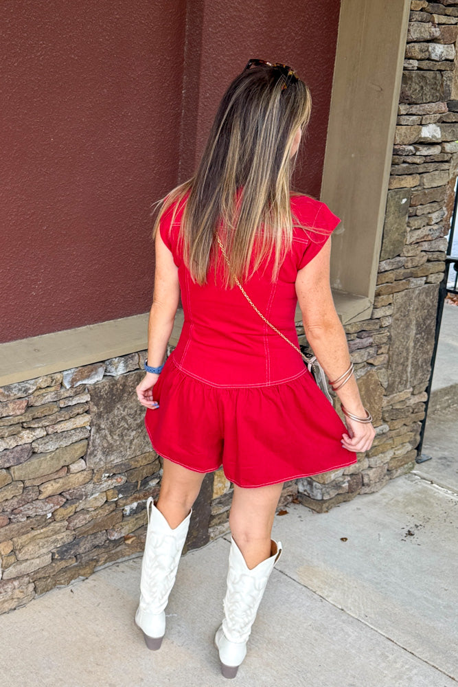 TCEC Snap Front Denim Romper Red back