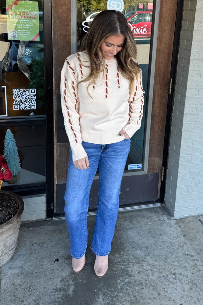 THML Cream Sweater With Brown Stitching