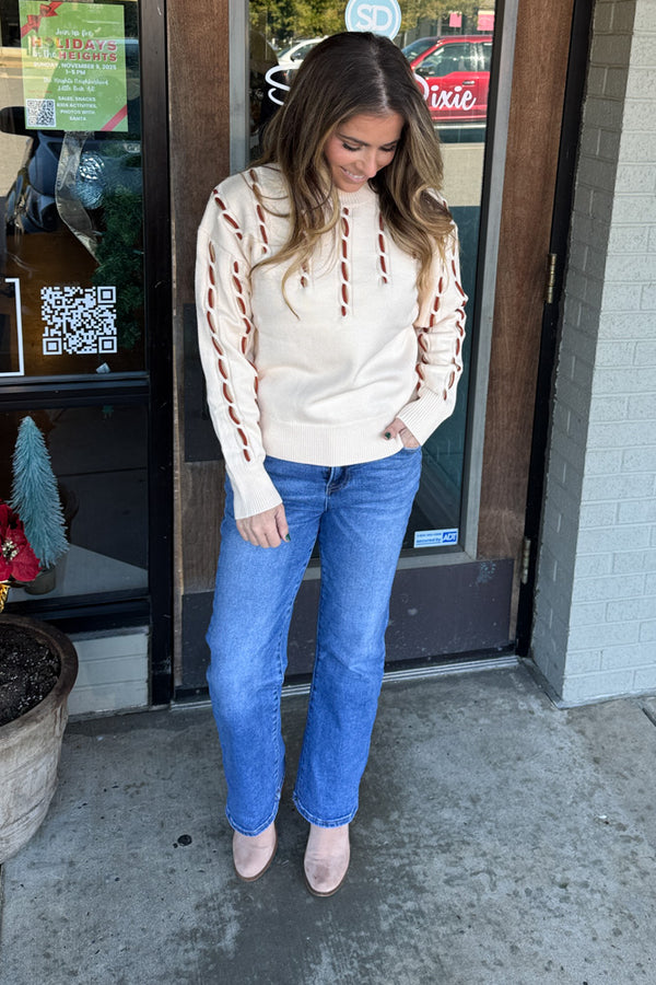 THML Cream Sweater With Brown Stitching