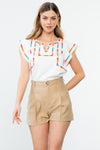 THML-Flutter Sleeve Embroidered Line Top-White