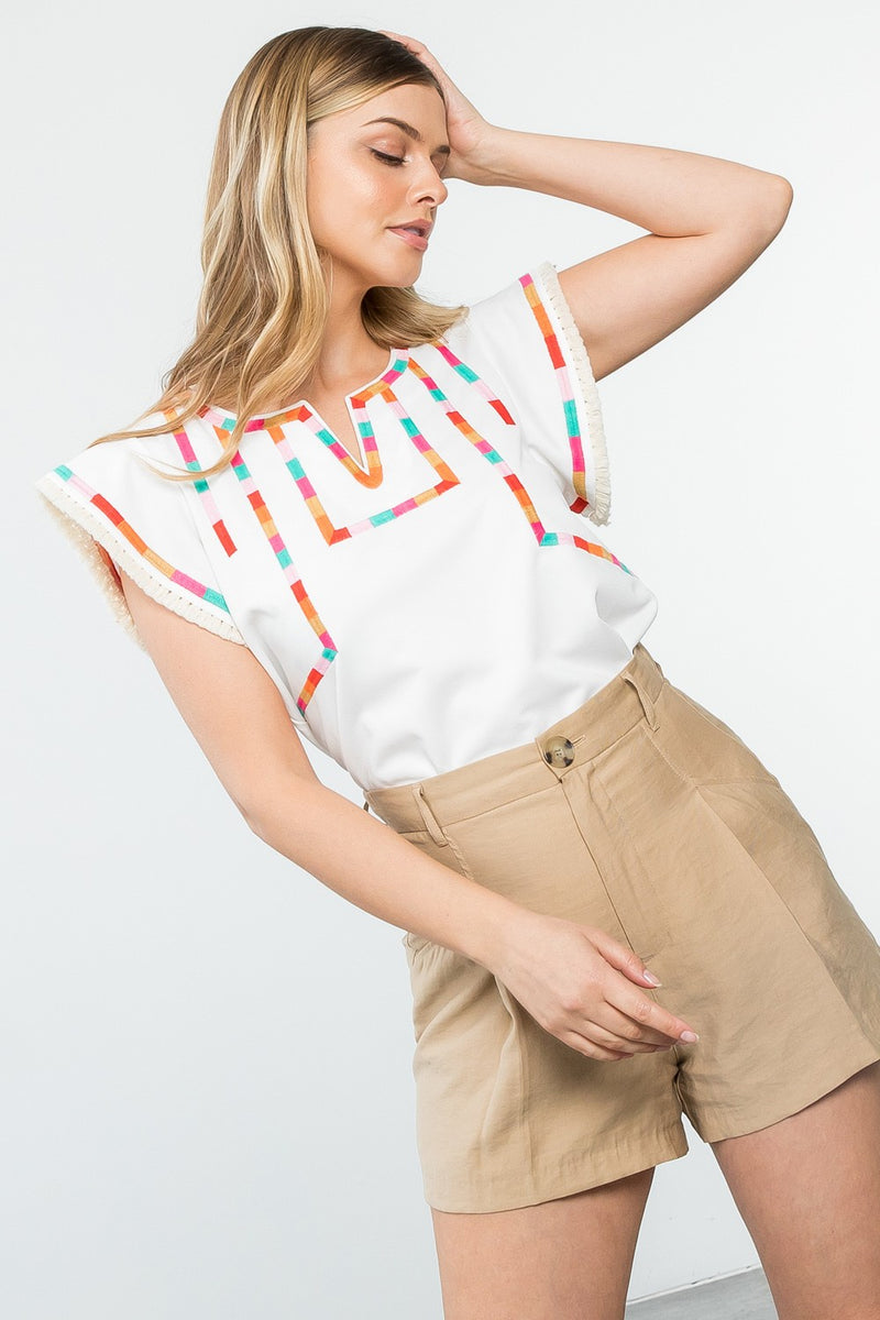 THML-Flutter Sleeve Embroidered Line Top-White