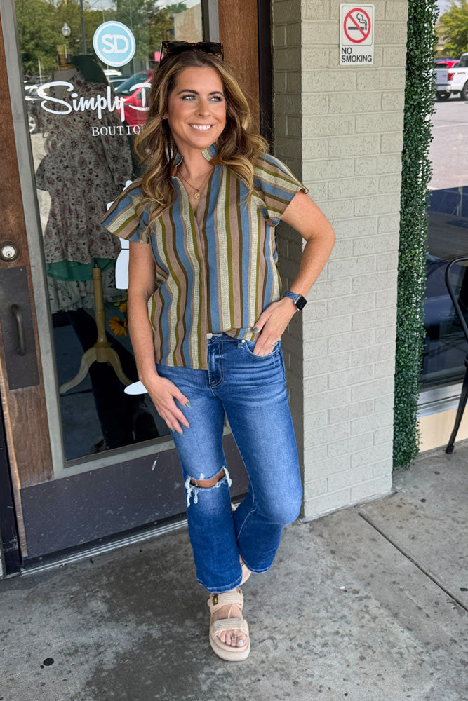 THML Striped Button Up Top Green