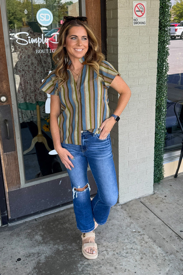 THML Striped Button Up Top Green