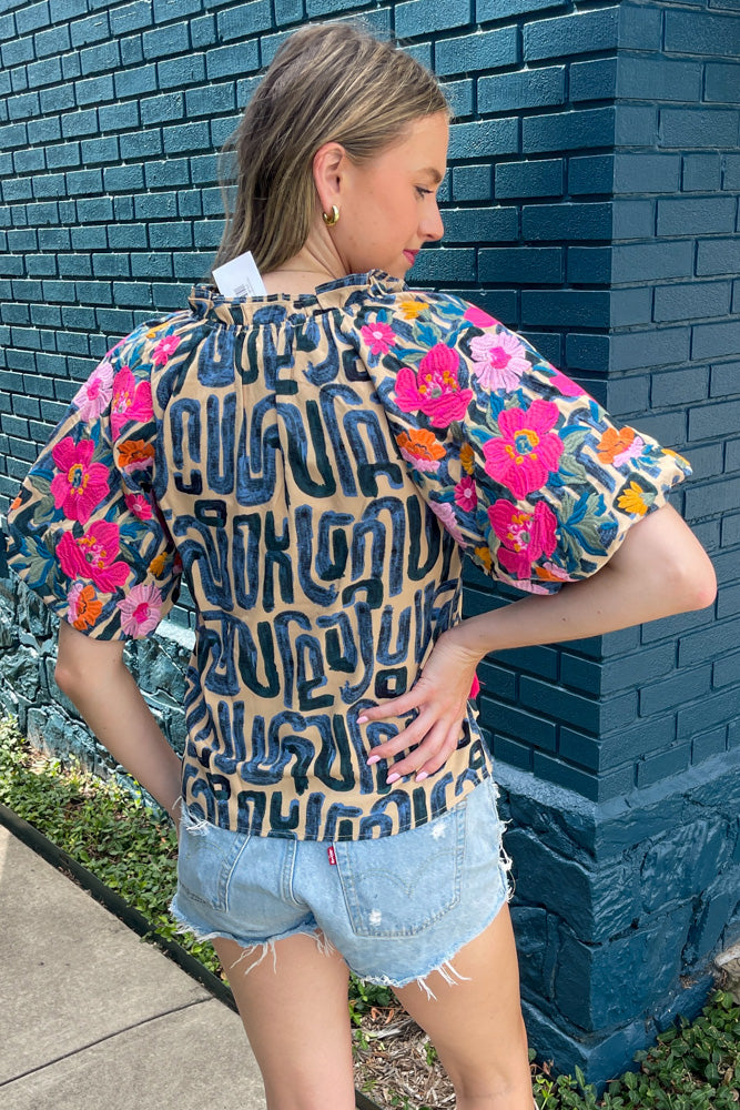 THML-Embroidered Puff Sleeve Print Top-Blue/Multi – Simply Dixie