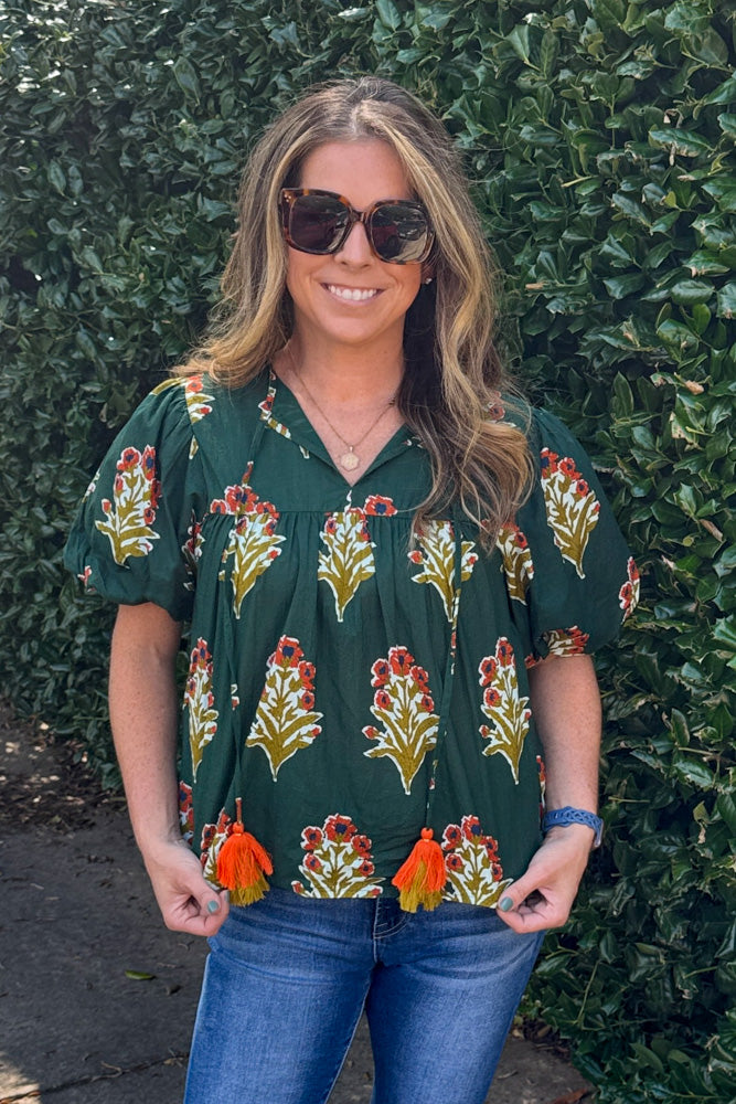 THML Floral Tassel Top Green Close