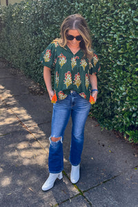 THML Floral Tassel Top Green