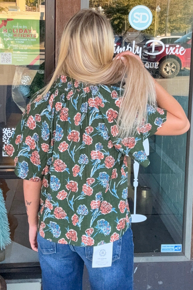 THML-Fall Florals Short Sleeve Top-Green