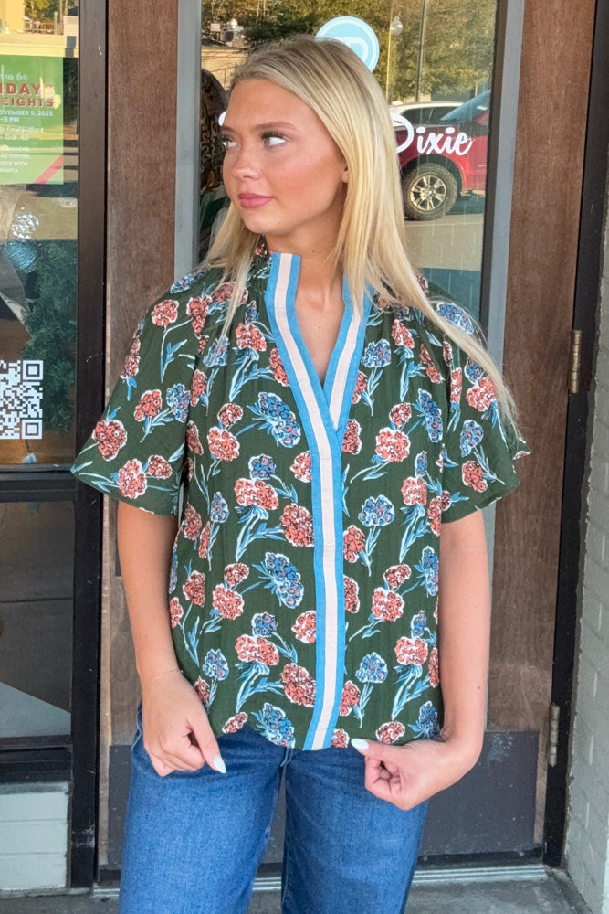THML-Fall Florals Short Sleeve Top-Green