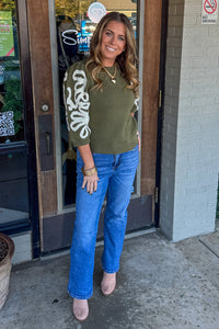 THML Olive sweater with white sleeve embroidery