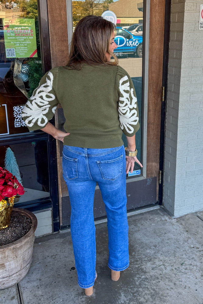 THML Olive sweater with white sleeve embroidery back