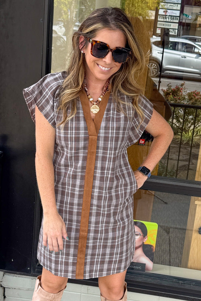 THML Plaid Suede Trim Dress