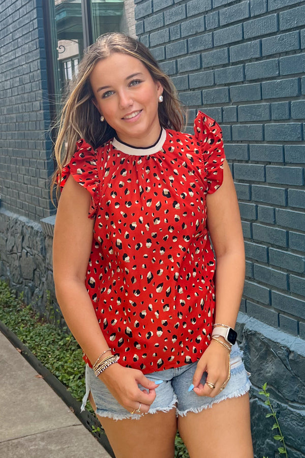 Red Animal Print THML Flutter Sleeve Top