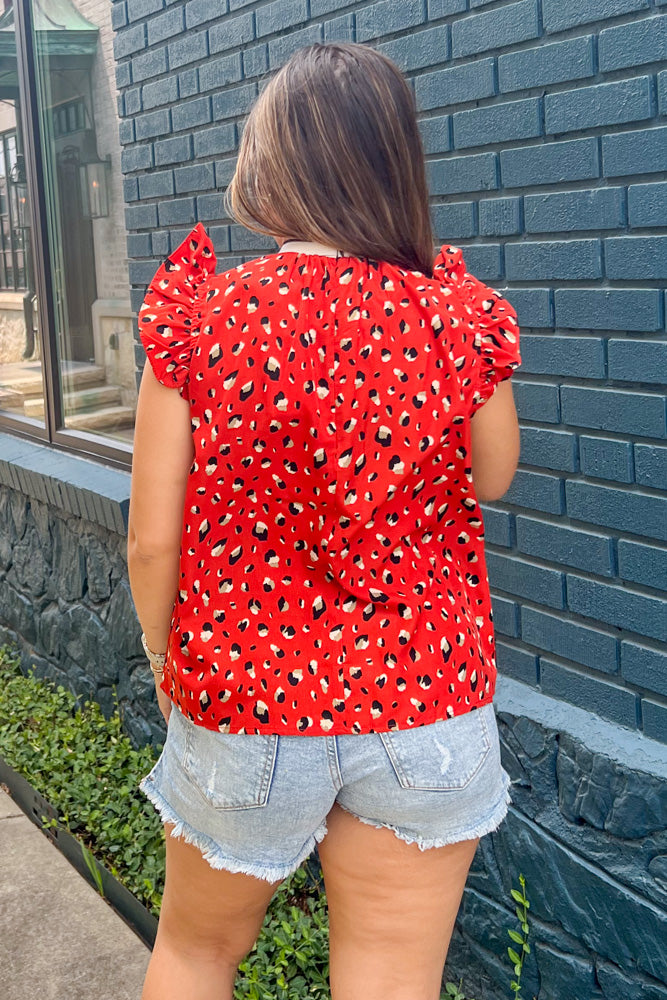 Red Animal Print THML Flutter Sleeve Top Back